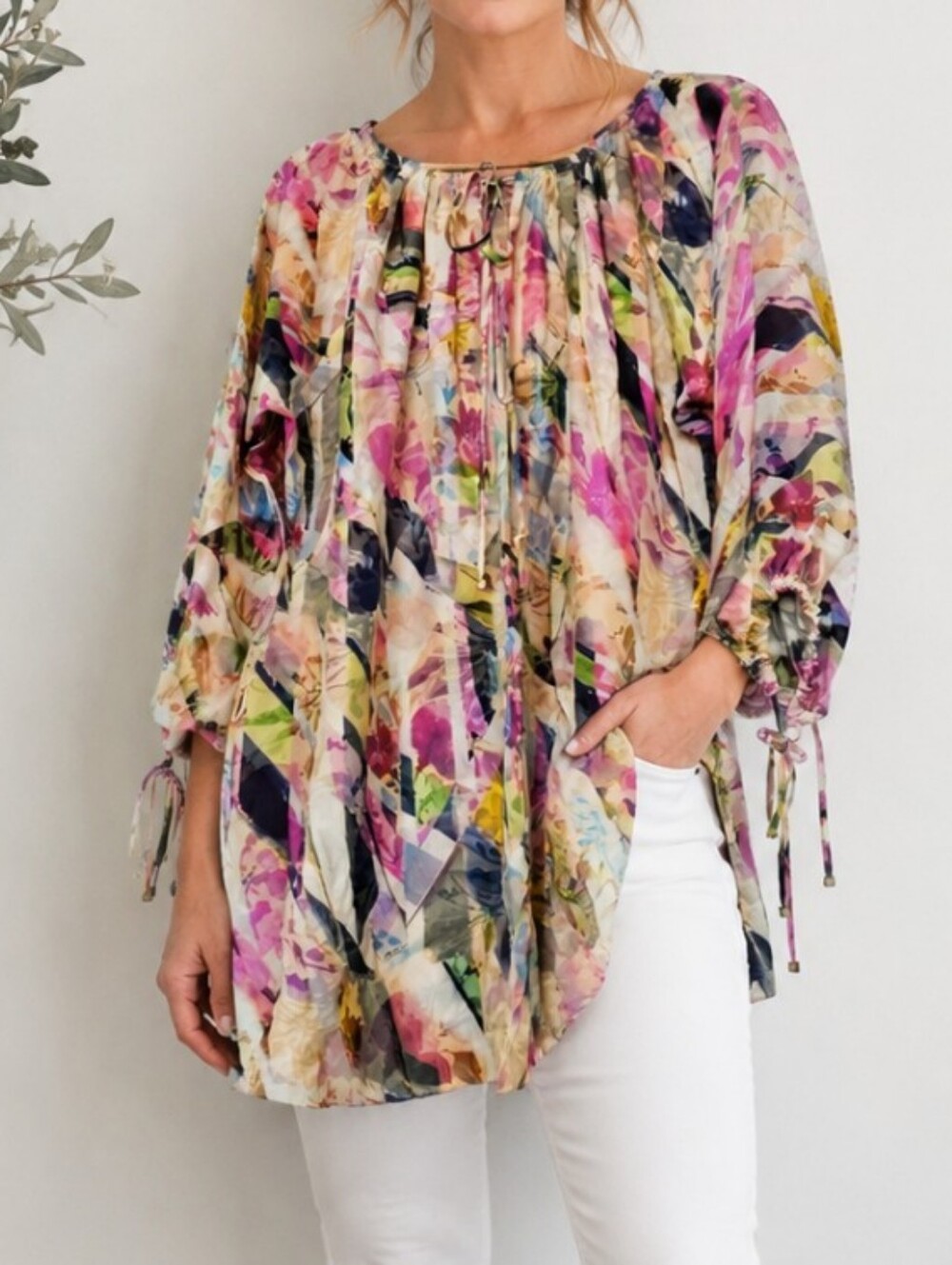 SHAN Multicolor Floral Silk Tunic Top Sz 10